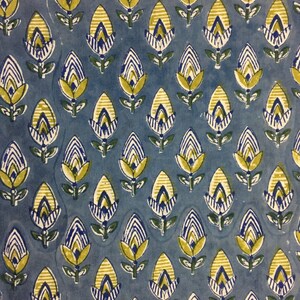 May include: A blue fabric with a repeating pattern of yellow and blue stylized flowers. The flowers have a white outline and are arranged in rows.