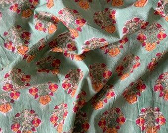 Floral Block Print Cotton Fabric: Sea Green, Red, Orange