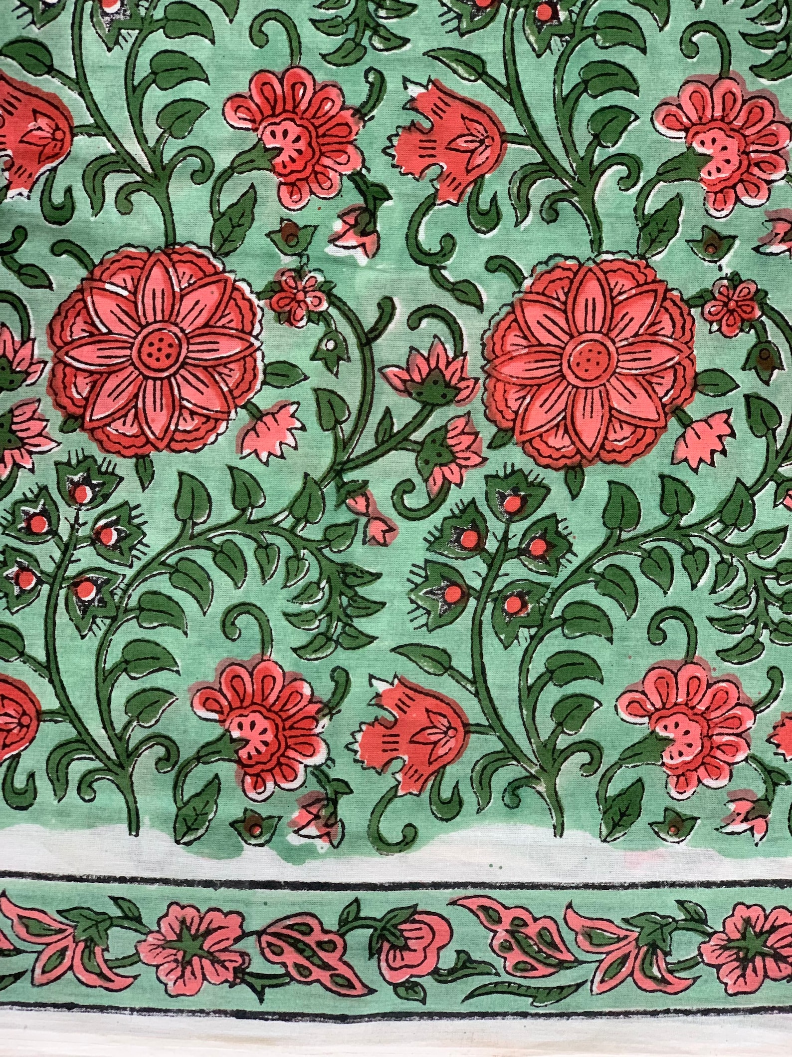 Green Floral Block Printed Cotton Fabric: Indian Fabric by the Yard - Etsy