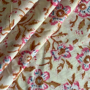 Floral Block Print Cotton Fabric: Soft Lightweight Sewing Material