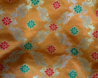Banarasi Brocade Fabric: Blended Silk, Yellow Ocher & Red Floral, 44" Wide