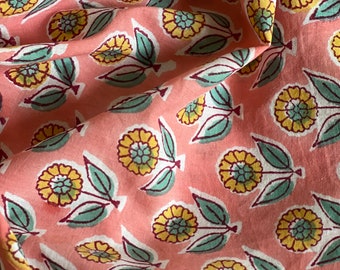 Coral Floral Print Fabric By The Yard Indian Hand Block Printed Cotton Voile Fabric, Sewing Clothing Fabric Quilting and Crafting Fabric