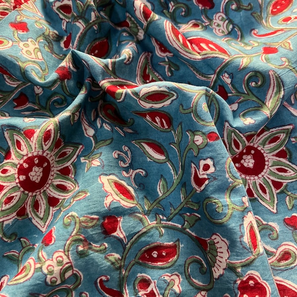 Blue Floral Block Print Cotton Fabric: Soft Lightweight Material