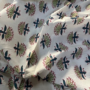 Floral Block Printed Cotton Fabric: Pale Green Sanganeri Print