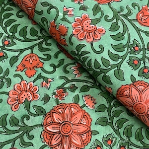Green Hand Block Printed Fabric, Cotton Fabric, Indian Fabric, fabric by yard, Block Printed Cotton womens clothing