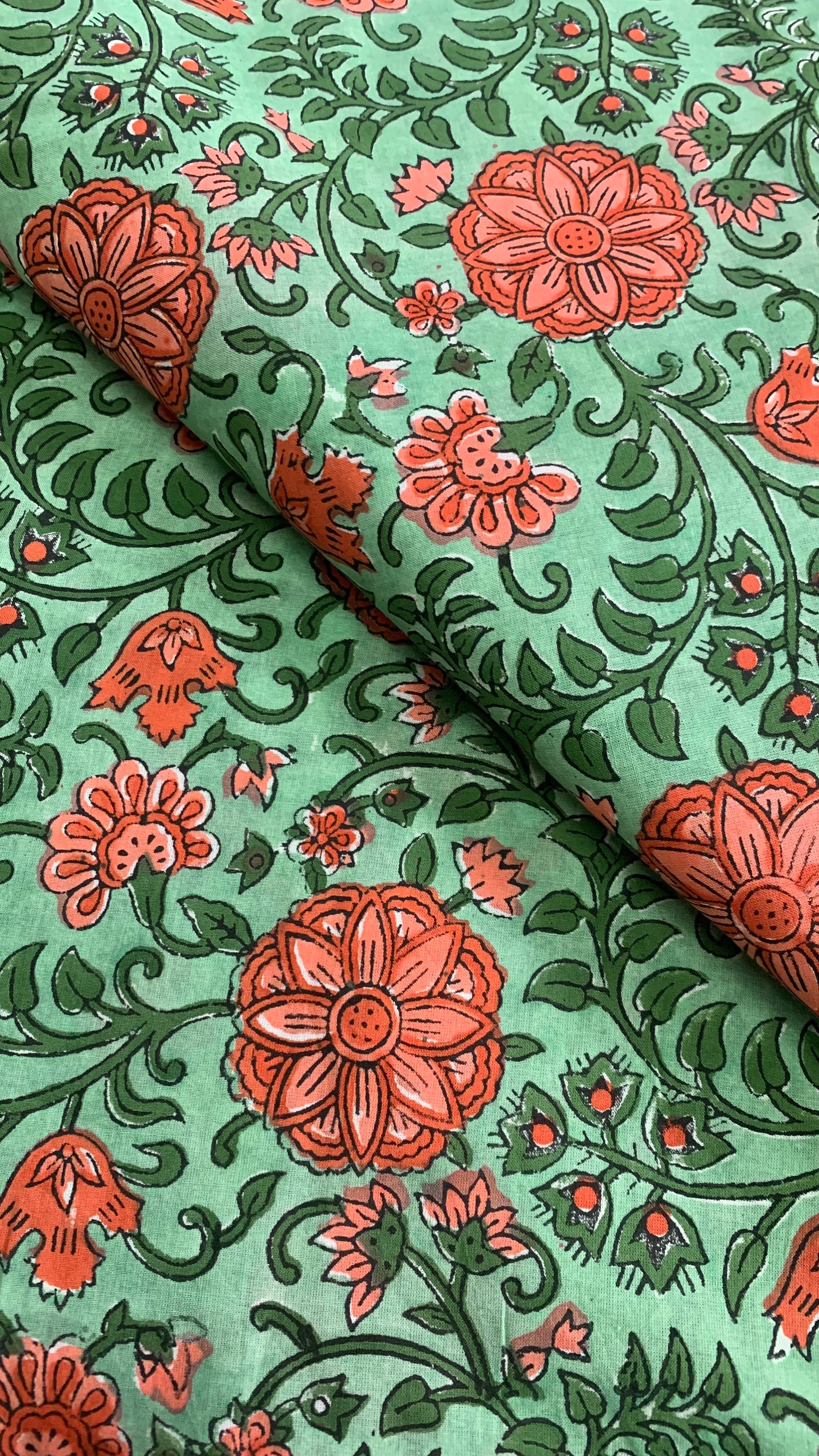 Green Hand Block Printed Fabric, Cotton Fabric, Indian Fabric, fabric by yard, Block Printed Cotton womens clothing