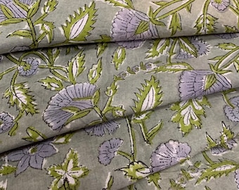 Green Floral Hand Block Printed Cotton Fabric: Indian Fabric By The Yard