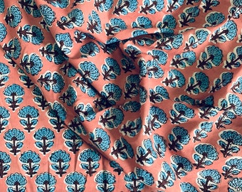 Hand Block Print Cotton Fabric: Salmon Floral Indian Print
