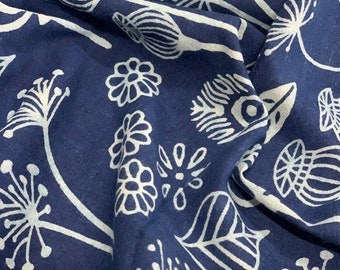 Fabric By The Yard Indigo Blue Cotton Fabric, Indian Block Printed Natural Vegetable Dye Sewing Fabric, Dabu Print Mud Resist Fabric