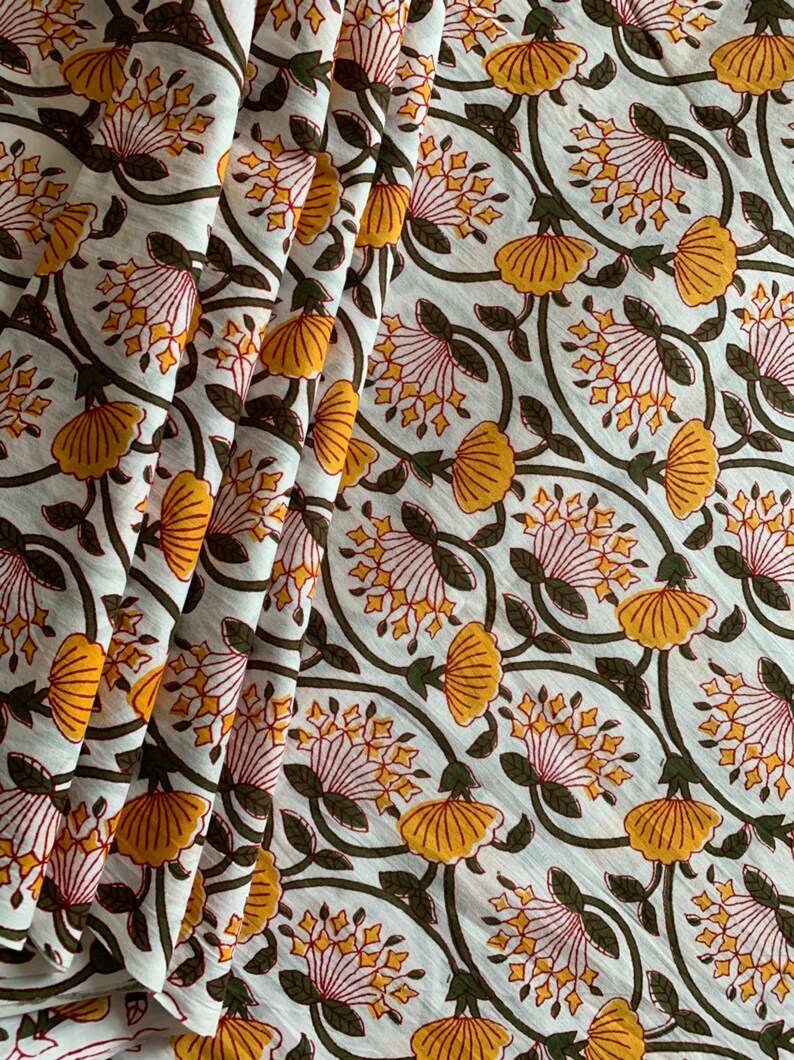 Yellow floral print cotton fabric block print fabric modern Etsy
