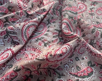 Hand Block Printed Paisley Cotton Voile Fabric: Tan, Green, Pink By The Yard