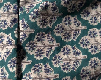 Cyan Floral Hand Block Printed Cotton Fabric - Indian Fabric By The Yard