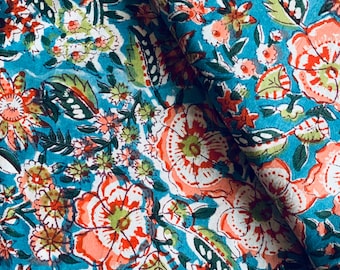 Jaipur Hand Block Print Cotton Fabric, Sanganeri Floral Textile, Lightweight Sewing Material
