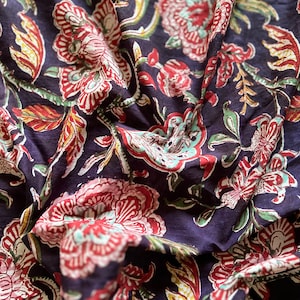 navy Blue Floral Print Fabric By The Yard Indian Hand Block Printed Cotton Voile Fabric, Sewing Clothing Fabric Quilting and Crafting Fabric
