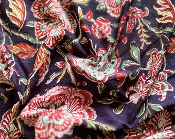 Floral Print Cotton Voile Fabric: Navy Blue Hand Block Printed Fabric By The Yard