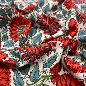 Sage Floral Print Fabric By The Yard Indian Hand Block Printed Cotton Voile Fabric, Sewing Clothing Fabric Quilting and Crafting Fabric