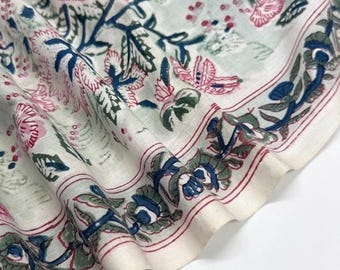 Floral Hand Block Print Cotton Fabric, Indian Boho Textile by Yard