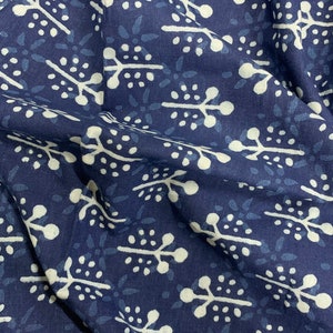 floral Indian Dyed Fabric Leaf print Indigo Blue Cotton Fabric, Floral Printed Fabric, Dabu Mud Resist Fabric By The Yard