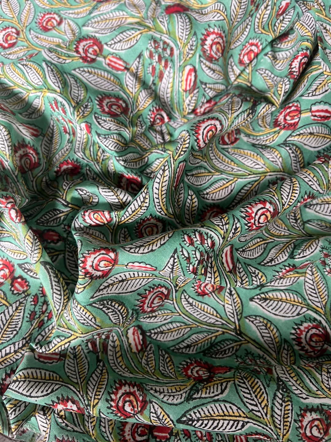 Green Floral Block Print Cotton Fabric: Indian Dress Fabric - Etsy