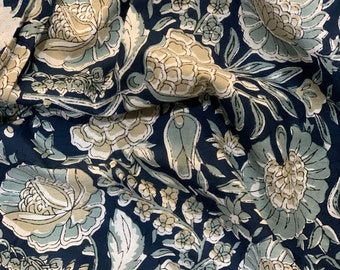 Floral Screen Print Cotton Fabric: Navy Blue, Gray, Tan - 44" Wide