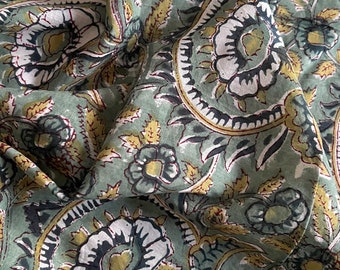 Floral Block Print Cotton Fabric: Sea Green Sewing Material