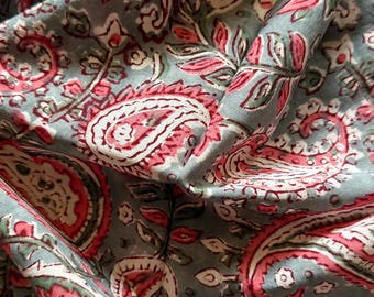 100% Cotton Paisley Block Print Fabric, Jaipur Bohemian Textile, Dressmaking Material