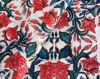 Lotus Floral Block Print Cotton Fabric: Soft Indian Dress Fabric