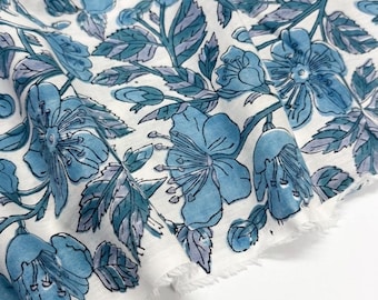 Blue Floral Print Cotton Cambric Fabric: Hand Block Printed Sewing Material