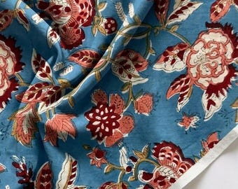 Floral Block Print Cotton Fabric: Lightweight Green Indian Print