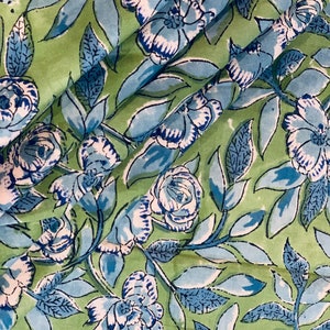 Green Floral Print Fabric By The Yard Indian Hand Block Printed Cotton Voile Fabric, Sewing Clothing Fabric Quilting and Crafting Fabric