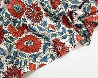 Floral Print Cotton cambric Fabric: Hand Block Printed Sewing Fabric