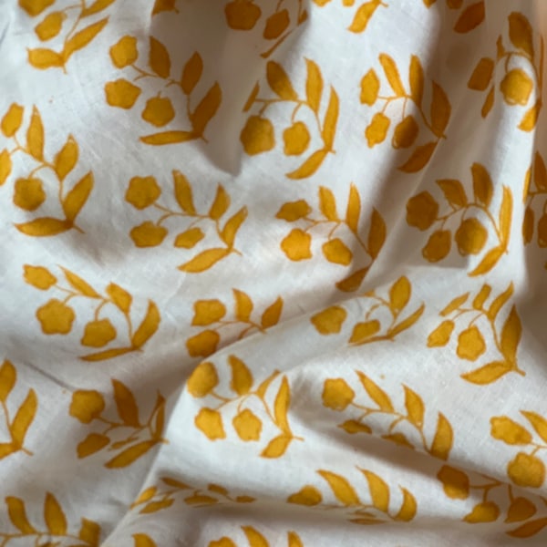 Yellow Floral Block Print Cotton Fabric By The Yard