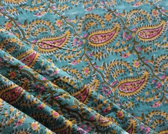 Paisley Cotton Fabric: Blue & Green Printed Indian Fabric
