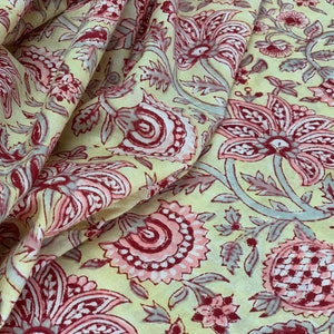 Yellow Hand block print, floral print, soft cotton fabric, Fabric modern floral fabric Indian print fabric womens dress fabric