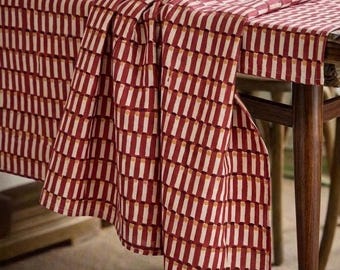 Geometric Block Print Cotton Fabric: Red Maroon & Yellow Ocher