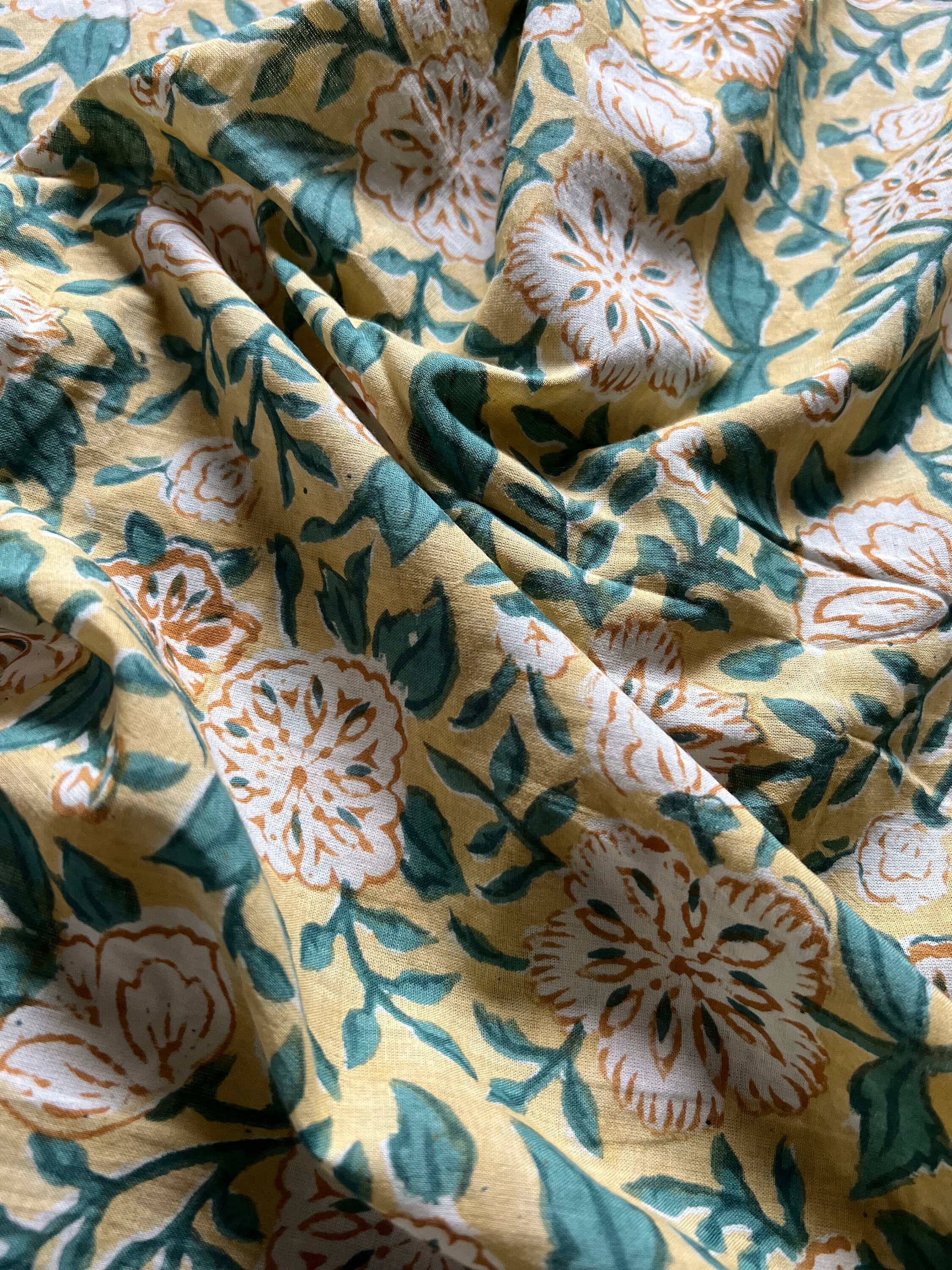 Green Hand Block Printed Fabric, Cotton Fabric, Indian Fabric