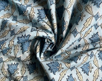 Hand Block Printed Cotton Fabric: Sanganeri Floral Buti, Sky Blue