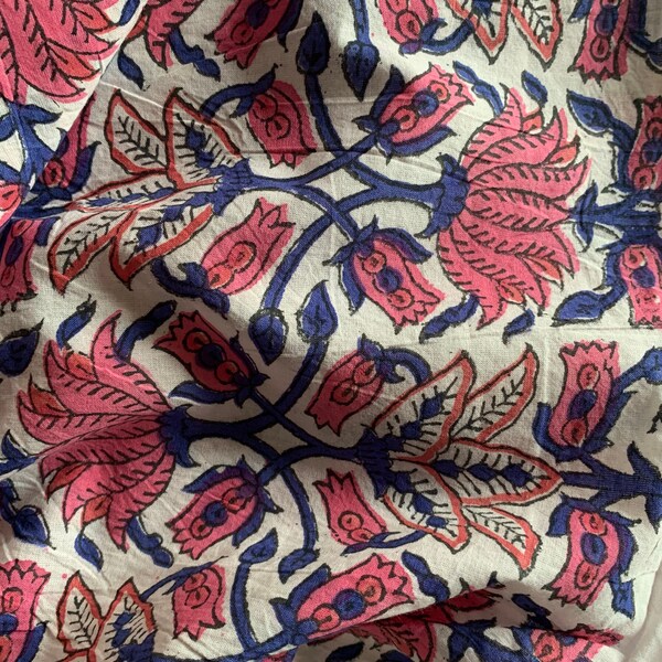 Pink Beautiful Hand Block Printed Fabric, Cotton Fabric, Indian Fabric, fabric by yard, Block Printed Cotton womens clothing