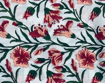 Hand Block Print Cotton Fabric, Jaipur Floral Textile, Green Marron Bisque, Dressmaking Sewing Material