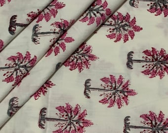 May include: White fabric with a pink and gray floral print. The pattern features stylized trees with pink leaves and gray branches.