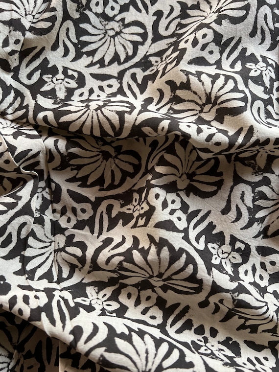 Black Cotton Fabric – Indian Hand Block Print Textile – Soft Boho Sewing Material by the Yard