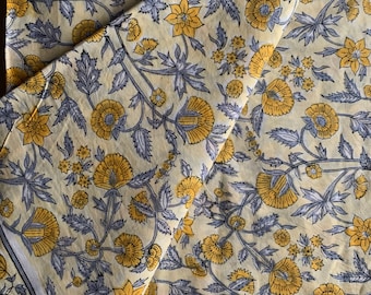 Yellow Floral Block Print Cotton Fabric: Lightweight Dress Material