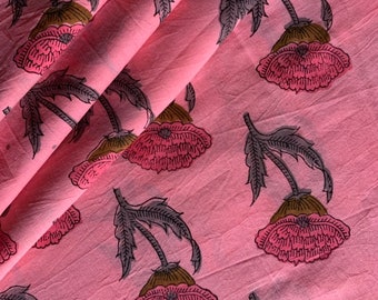 Coral Floral Block Print Cotton Fabric: Soft Sewing Material