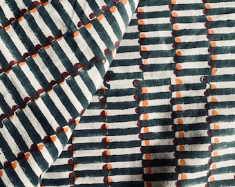 Cadet Blue & Pale Orange Geometric Cotton Fabric, Hand Block Print