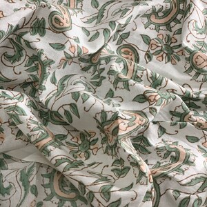 Floral Print Cotton Fabric: Hand Block Printed Voile, Green & Apricot