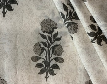 Floral Screen Print Cotton Fabric: Gray Khaki Flowers, Sewing Material