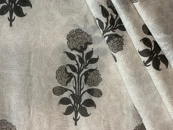 Floral Screen Print Cotton Fabric: Gray Khaki Flowers, Sewing Material