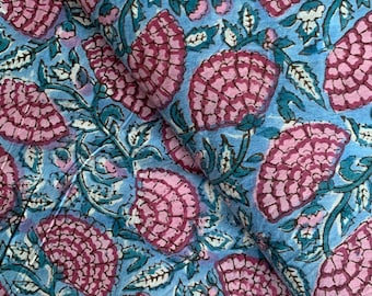 May include: A blue fabric with a pink and teal floral pattern. The fabric is printed with a repeating design of stylized flowers and leaves.