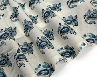 Aqua & Navy Blue Paisley Cotton Fabric, Gray Floral Hand Block Print Indian Fabric by the Yard, Paisley Buti Sewing Quilting Textile