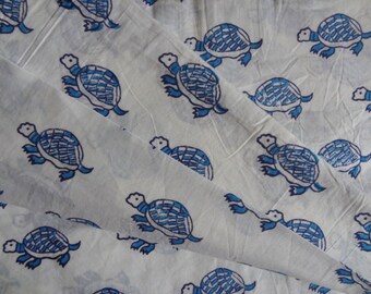 Blue Turtle Print Fabric, Hand Block Cotton, Indian Dress Material